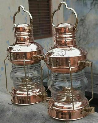 #ad Set of 2 Pcs 14quot; Brass amp; Copper Anchor Ship Lantern Vintage Boat Oil Lamp Decor $154.99