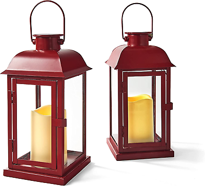 #ad Red Lanterns Decorative Outdoor Solar Powered Set of 2 11 Inch Tall Candle $83.99