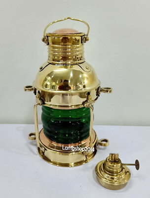#ad Brass Oil lantern Maritime Ship Lantern Green Glass Lantern Home Decor Gift $68.62