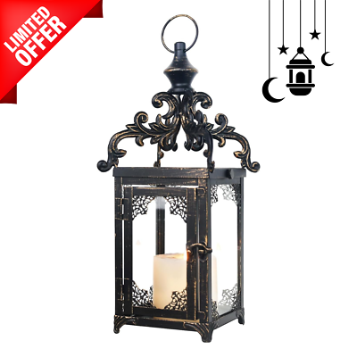 #ad Candle Lantern Decorative Hanging Outdoor Large Vintage Metal Glass Square Night $18.99