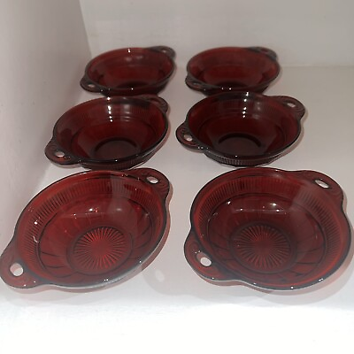 #ad Coronation Ruby Red Depression Glass 6 Double Handle Dessert Bowls 5 3 4 Hocking $12.20