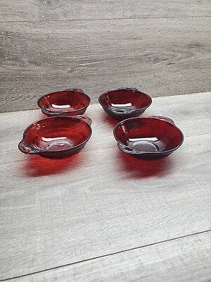 #ad Vtg Ruby Red Glass Fruit Desert Handled Bowls Qty 4 Bowls $17.99