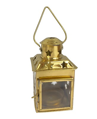 #ad Brass and Glass Lantern Mini Tea Light Candle Holder 4quot; INDIA Stars NEW NIB $15.83