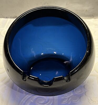 #ad MCM Vtg Viking Glass Ashtray Cigar LARGE Orb Deep Epic Blue Bluenique 5.5quot; $48.00