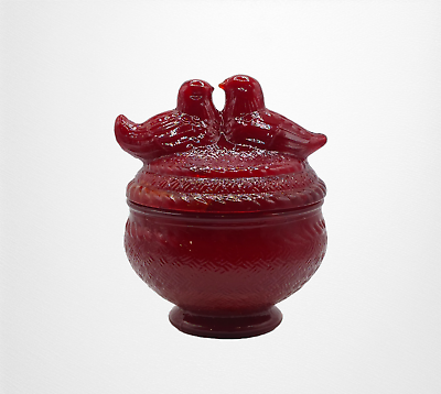 #ad RUBY RED DEPRESSION STYLE GLASS LOVEBIRDS COVERED CANDY DISH Vintage Bowl Jar $21.95