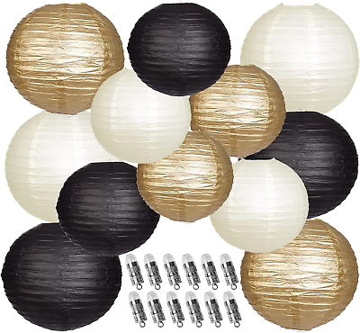 #ad Paper Lanterns Decorative Black Gold Hanging Paper Lanterns with Lights for Gra $45.99