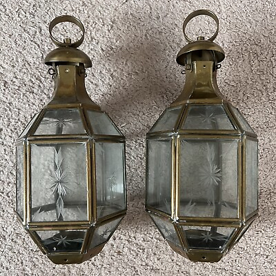 #ad Vintage Turkish Handmade Brass Color Metal Etched Glass Candle Lanterns Boho $122.00