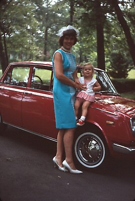 #ad 1967 Red Antique Car Woman Toddler Girl Vintage 35mm Kodachrome Slide $9.00