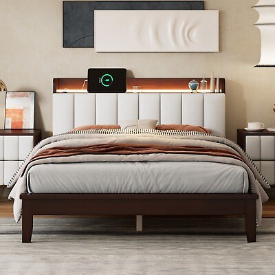 #ad LED Bed Frame with USB Charging Station and Storage Upholstered Headboard Modern $109.75