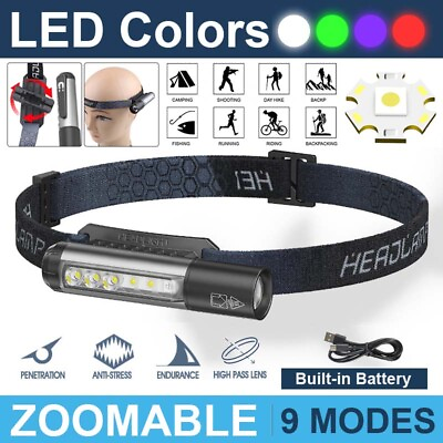 #ad 2 in 1 Waterproof Headlamp 6x LED Flashlights Head Torch 9Modes USB Rechargeable $15.09