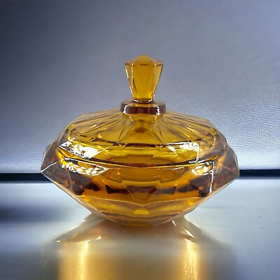 #ad Vintage Viking Amber Glass Diamond Point Covered Candy Dish amp; Lid Faceted $44.99