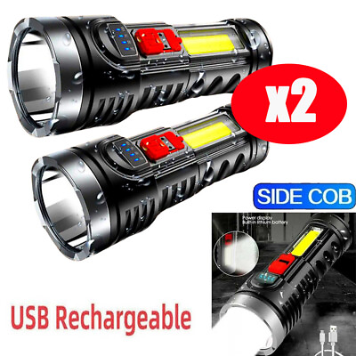 #ad 2X Super Bright FLASHLIGHT LED Rechargeable USB Side COB Torch Tactical Lantern $9.99