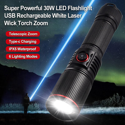 #ad Powerful 30W LED Flashlight USB Rechargeable White Laser Wick Torch Zoom Lantern $16.99