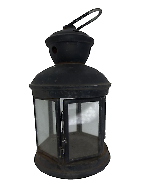 #ad Vintage Lantern Holds Tea Light candle old black aged rusty dinged $27.55