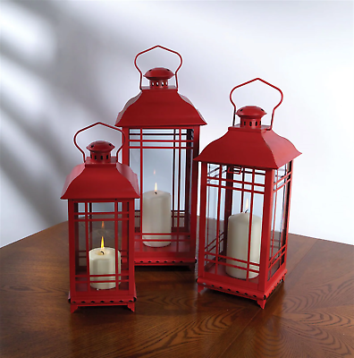 #ad Red Lantern Set of 3 14quot;H 17quot;H 20quot;H Metal Glass $74.99