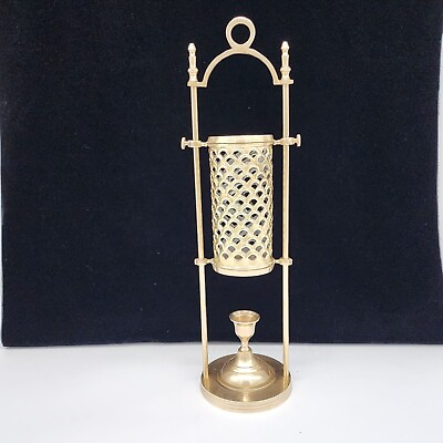 #ad Pierced Brass Candle Holder Lantern Movable Cover Hanging Free Standing VTG MCM $69.99