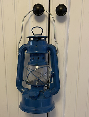 #ad Kerosene Lantern Blue Metal Clear Globe Vintage 7.5” Bale Handle Farmhouse $18.95