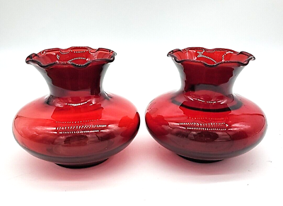 #ad Vintage Anchor Hocking Mini Vase Ruby Red Glass 3quot; Ruffled Trim Cute Set of 2 $19.95