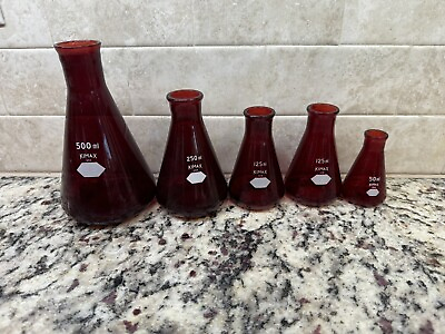 #ad #ad Vintage Kimax Ruby Red Glass 5 Beaker Set 500ml 250ml 125ml 125ml 50ml $139.00