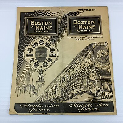 #ad 1934 Boston And Maine Railroad Transportation Timetable Minute Man Service $165.00