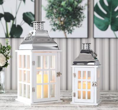 #ad Set of 2 White Wood Decorative Candle Lanterns 18quot;amp;12quot; High Wood Lanterns for... $101.68