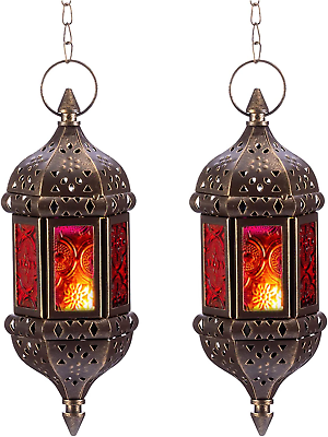 #ad 2 Pcs Hanging Hexagon Decorative Moroccan Candle Lantern Holders Handmade $48.38