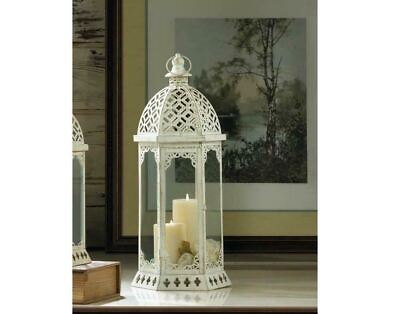 #ad WHITE 20quot; TALL GRACEFUL DISTRESSED LARGE WHITE LANTERN CANDLE HOLDER NEW $61.80