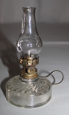 #ad Antique Miniature Oil Lamp Blown Pressed Clear Glass W Wire Handle $32.00