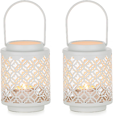 #ad Decorative Candle Lanterns Tealight: 2 Pcs White Hanging Metal Tea Light Candles $22.99