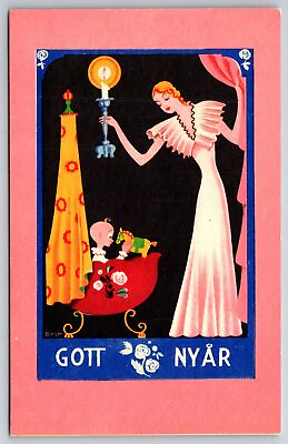 #ad Swedish Artist Birger New Year Lady amp; Child Horse Toy Candle Art Deco c1910 $13.00