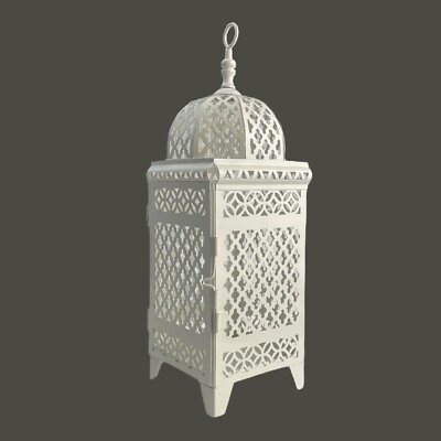 #ad White Moroccan Filigree Lantern Candle Holder White Metal Bohemian Decor Wedding $21.99