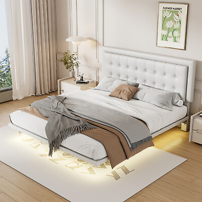 #ad Queen Size Floating LED Bed Frame PU Leather Upholstered Platform Bed White $230.99