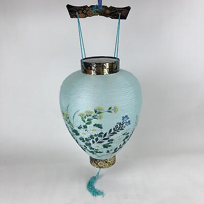#ad Japanese Paper Hanging Chochin Lantern Vtg Flowers Blue Tassel Black Gold LT73 $44.96