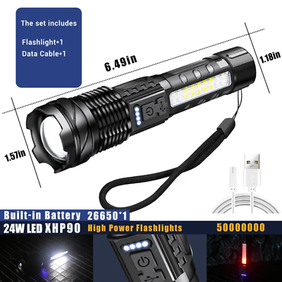 #ad Led Tactical Flashlights High Strong Power 24W 50000 Telescopic Built In Battery $25.97
