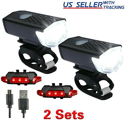 #ad 2 Sets USB Rechargeable LED Bicycle Headlight Bike Front Rear Lamp Cycling $9.01