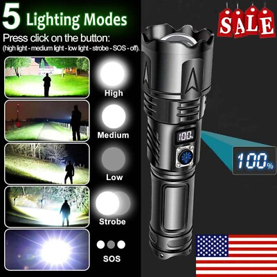 #ad 2500000 Lumens Super Bright LED Flashlight Rechargeable Tactical Worklight Torch $24.43