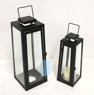 #ad 2pc Set Decorative Black Metal and Glass Lantern Candle Holder 15quot; and 12quot; Tall $17.95
