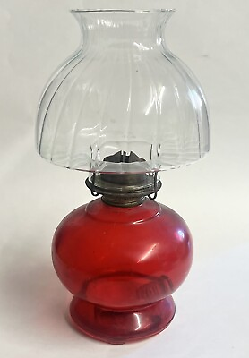 #ad Vintage Red Oil Lamp Base amp; Clear Shade Great Condition $25.00