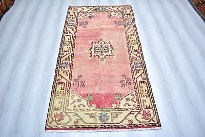 #ad Turkish Vintage Red Bordered Carpet 3x6ft Faded Red Antique Handmade Rug $150.00