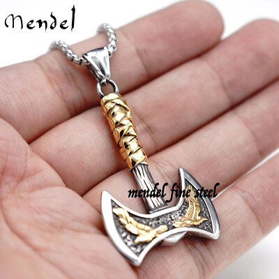 #ad MENDEL Mens Gold Plated Nordic Viking Raven Axe Pendant Necklace Stainless Steel $9.99