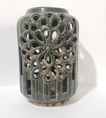 #ad #ad Green Rustic Distressed Ceramic Cutout Cylinder Outdoor Candle Holder Lantern $11.00