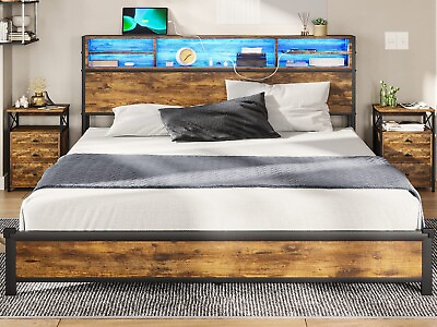 #ad King LED Bed Frame Metal Platform Bed with Storage Headboard amp; Charging Station $199.89