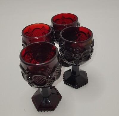 #ad 4 Vintage Avon 1876 Cape Cod Ruby Red Glass 4 ½” Footed Stem Cordial Wine Goblet $15.99