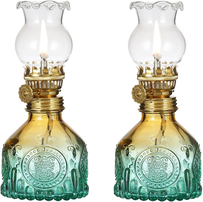 #ad DNRVK 2 Pack Gradient Color Glass Oil Lamp Kerosene Lantern Vintage Oil Lamps $42.94
