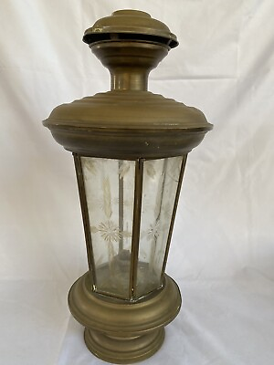 #ad Vtg Large Brass Lantern Candle Holder Etched Decorative Glass Panels 18.5’’Tall $78.26