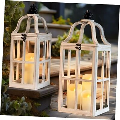 #ad Rustic Farmhouse Wooden Candle Lanterns Decorative Set of 2 Extra Large $127.98