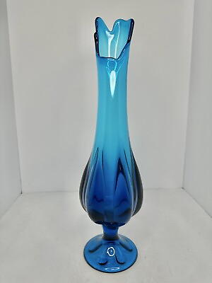 #ad Vintage MCM Viking Glass Bluenique 16” Chucky Swung Vase Epic 6 Petal Stunning $124.99