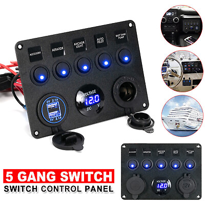 #ad Car Boat Marine Blue LED On Off Toggle Switch Panel 5 Gang Rocker Switch Panel $23.99