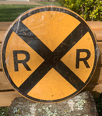 #ad Railroad Crossing Warning Train Sign Tin Vintage Garage Distressed Old Round $16.95