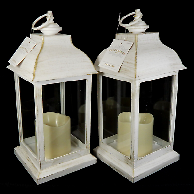 #ad 2 NEW Kate Aspen Lanterns LED Vintage Decorative Distressed White 12quot; Tall $39.99
